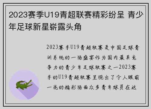 2023赛季U19青超联赛精彩纷呈 青少年足球新星崭露头角