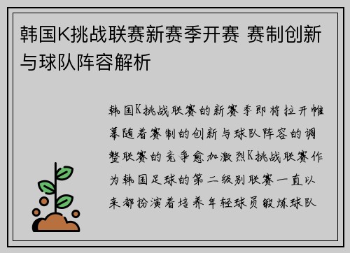 韩国K挑战联赛新赛季开赛 赛制创新与球队阵容解析